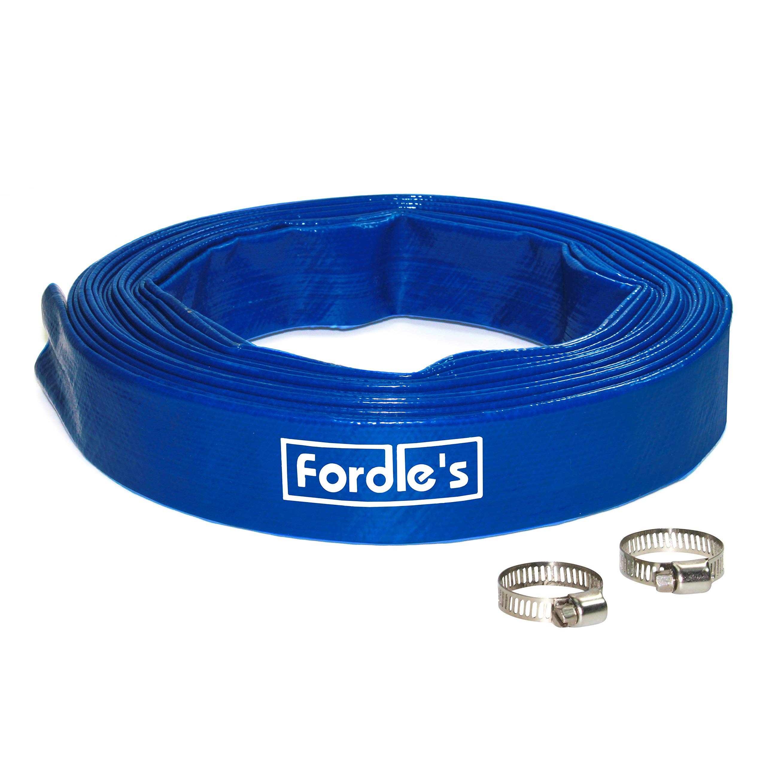 Fordle’s 10m x 25mm Diameter Layflat Discharge Hose Pipe Compatible with Submersible Water Pump – Blue PVC Reinforced with Polyester– Includes 2 Clips