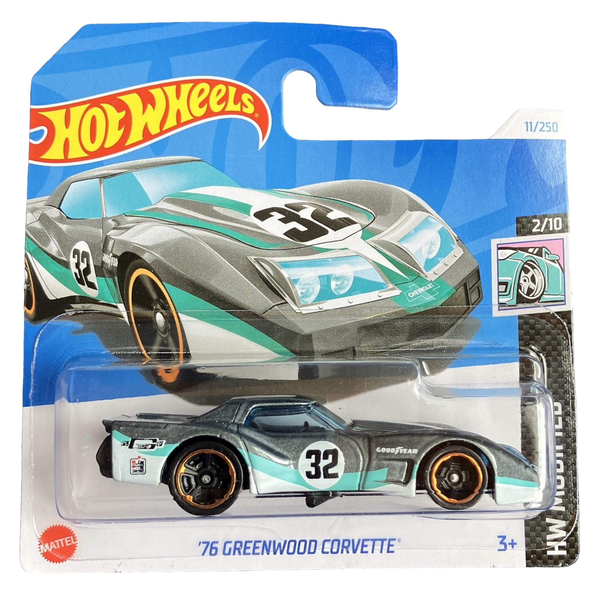 Hot Wheels - '76 Greenwood Corvette - HW Modified 2/10 - HTD67 - Short Card - Good Year - Grey Metallic - Mattel 2024-1:64