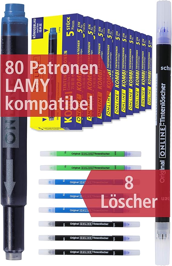 Online 80x Kompatible Lamy Patronen Blau Und 8x Tintenloscher Universal Tintenpatronen Grossraum Patronen In Konigsblau Loschbar Auswaschbar Tintenkiller Zum Loschen Und Uberschreiben Amazon De Burobedarf Schreibwaren