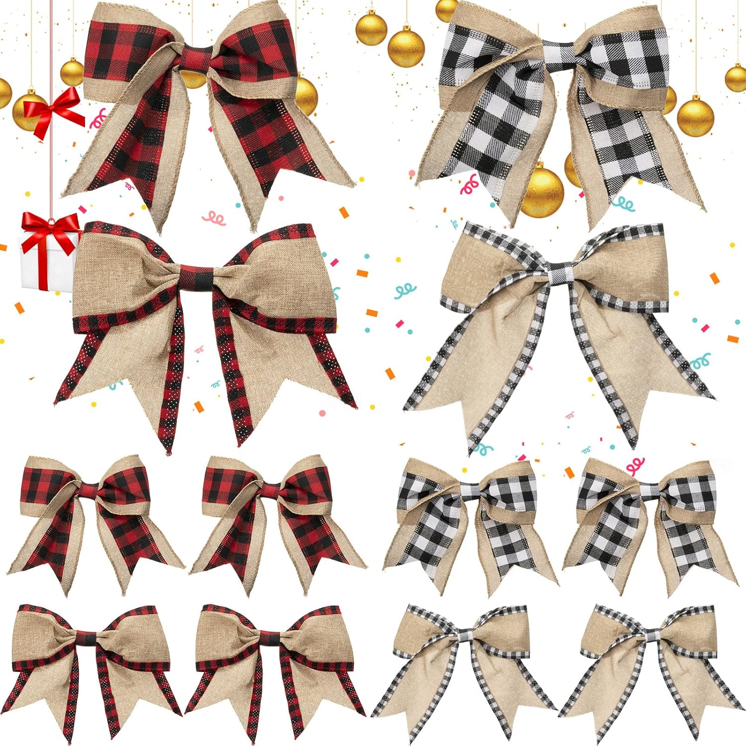 Bows & Ribbons - 20 Pieces Christmas Bows Red and Black Burlap Bow Christmas Wreath Bow Black and White Buffalo Plaid Bow Xmas Tree Plaid Bow for Christmas Tree Home and Party Decor DIY Crafts, 7.1 x 7.1 Inch