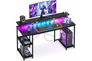 ODK 48 inch Gaming Desk with LED Lights & Power Outlets, Computer Desk with Monitor Stand & Storage Shelves, CPU Stand, Home Office Desk, Black