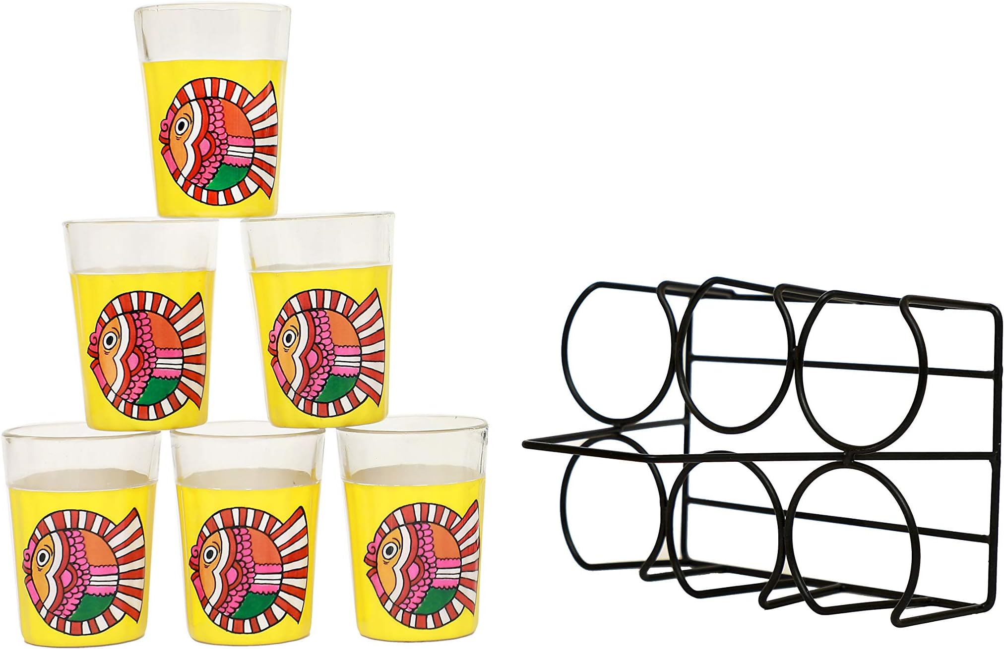 A Krazy Mug Matsya Fish Theme Design Hand Painted Traditional Tapri Tea Coffee Glasses with Iron Container Stand Holder (Set of 6, 90ml)