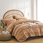 KAKIJUMN Khaki Tufted Comforter Set King Size 7 Piece Bed in a Bag, Shabby Chic Boho Comforter and Sheet Set, Pom Pom Textured Bed Set, All Season Soft Microfiber Complete Bedding Set(Khaki,King)