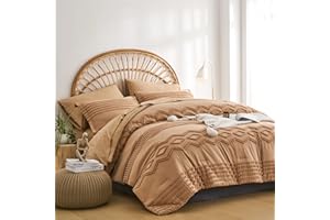 KAKIJUMN Khaki Tufted Comforter Set King Size 7 Piece Bed in a Bag, Shabby Chic Boho Comforter and Sheet Set, Pom Pom Textured Bed Set, All Season Soft Microfiber Complete Bedding Set(Khaki,King)