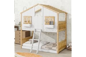 PVWIIK Twin Over Twin House Bunk Beds with Window & Door & Roof for Boys and Girls, Solid Wood Playhouse Bunk Bed w/Window Box & Ladder,Space Saving/Under Bed Space,No Box Spring Needed,Natural/White