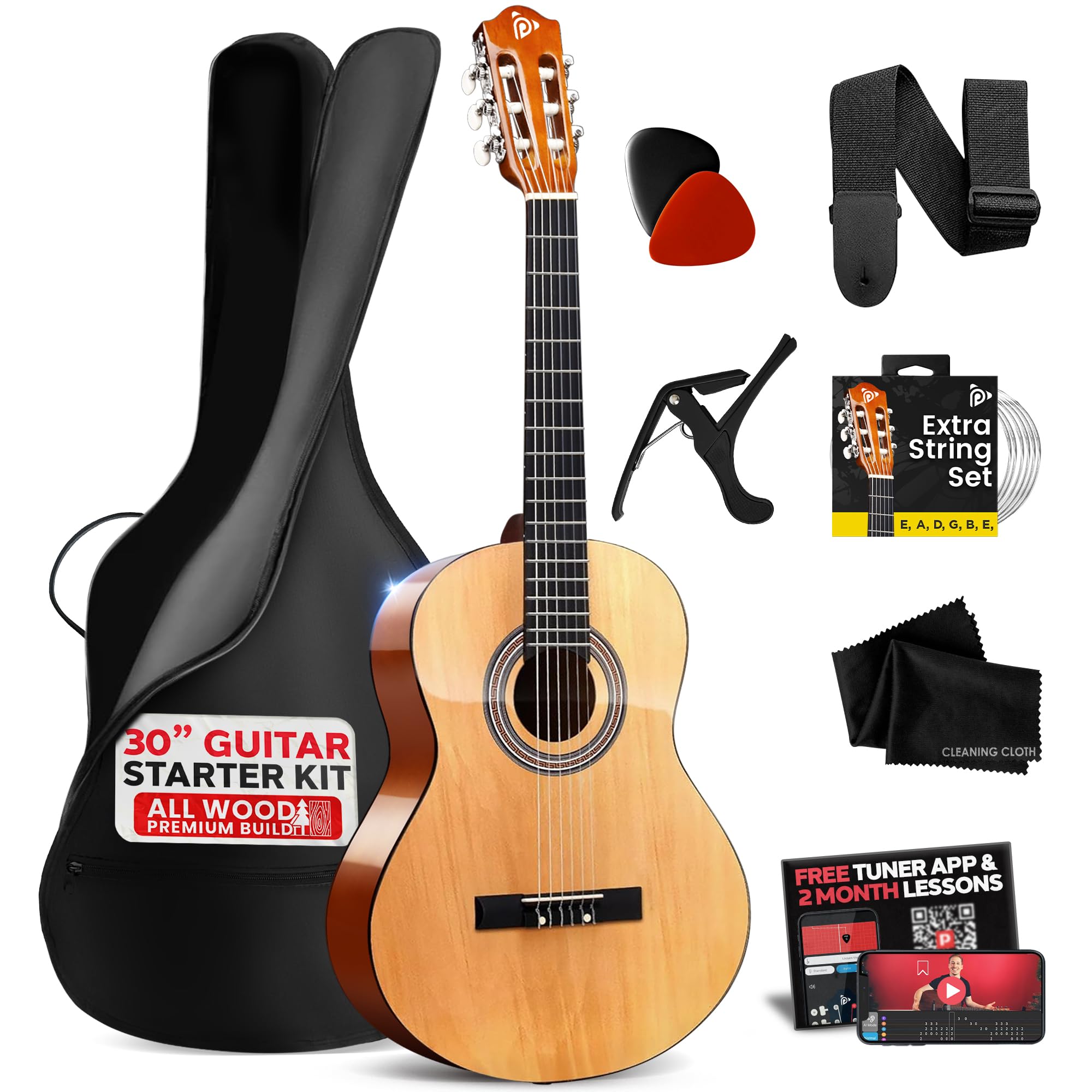 Photo 1 of *Guitar only* Pyle Beginner Acoustic Guitar Kit, 1/4 Junior Size All Wood Build Nylon Stringed Instrument with Capo, Strap, Extra String Set, Gig Bag, Guitars for Beginners Adults Youth, 30" Natural Gloss