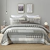 SahSahCasa Quilt Queen Size, Queen Quilt Set, 100% Cotton Queen Quilt Bedding Set Bedspreads, Farmhouse Reversible Patchwork Lightweight Plaid Quilts Bedspread for All Season, Grey/Cream, 3 Pieces