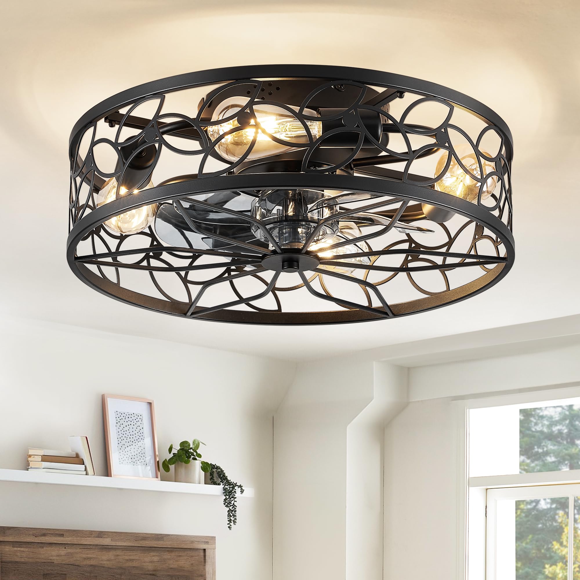 LEDIARY Caged Ceiling Fans with Lights, Black Flush Mount Ceiling Fan with Remote, Small Low Profile Bladeless Ceiling Fan Light Fixture for Bedroom, Kitchen, Dining Room. Image