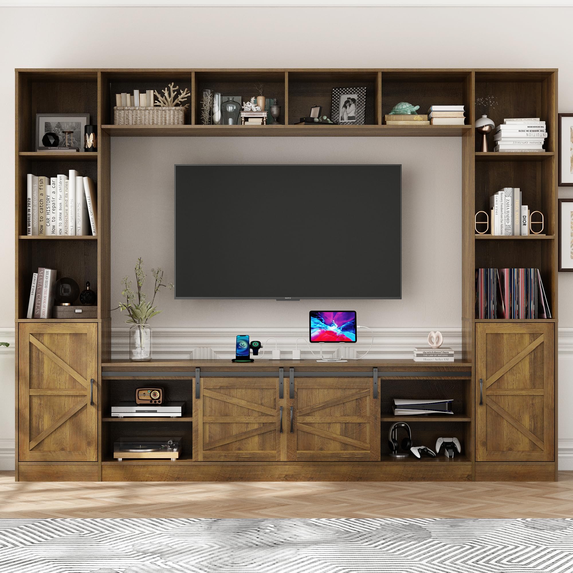chartustriable 103" Wall Unit TV Stand with Storage for TVs up to 80" Large Farmhouse Wall Unit Entertainment Center w/Sliding Barn Door Cabinets and Power Outlet for Living Room, Rustic Brown