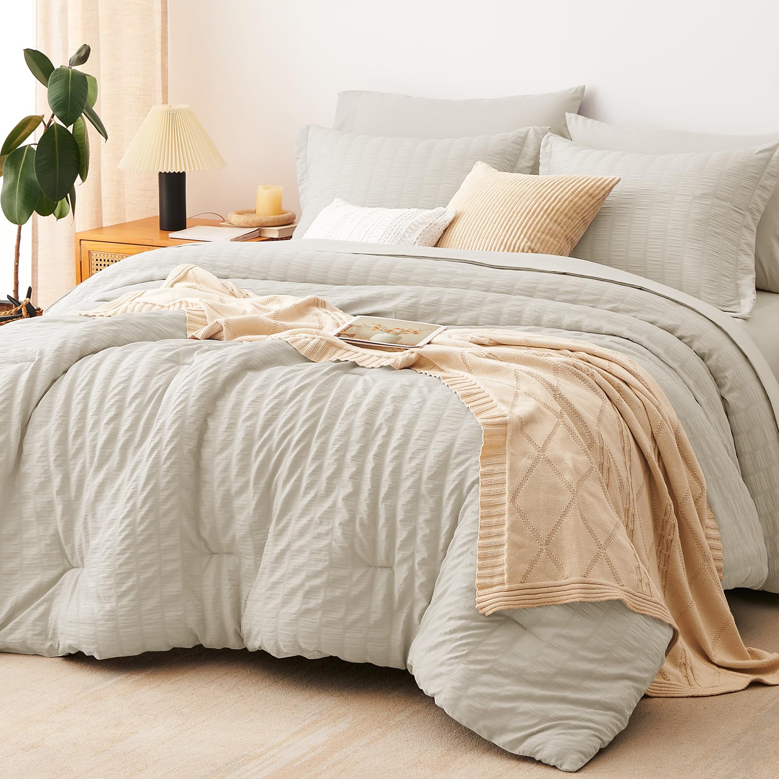 Photo 1 of CozyLux Full Size Comforter Sets with Sheets Seersucker 7 Pieces Oatmeal Bed in a Bag Textured Luxury Soft Bedding Set with Down Alternative Comforter, Sheets, Pillowcases & Shams for All Seasons
