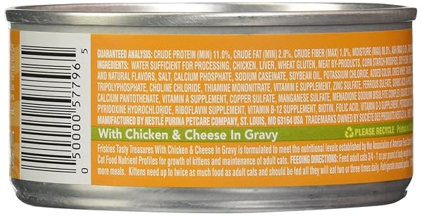 FRISKIES CANNED TASTY TREASURES CAT FOOD, CHICKEN AND CHEESE IN GRAVY, 5.5 OZ