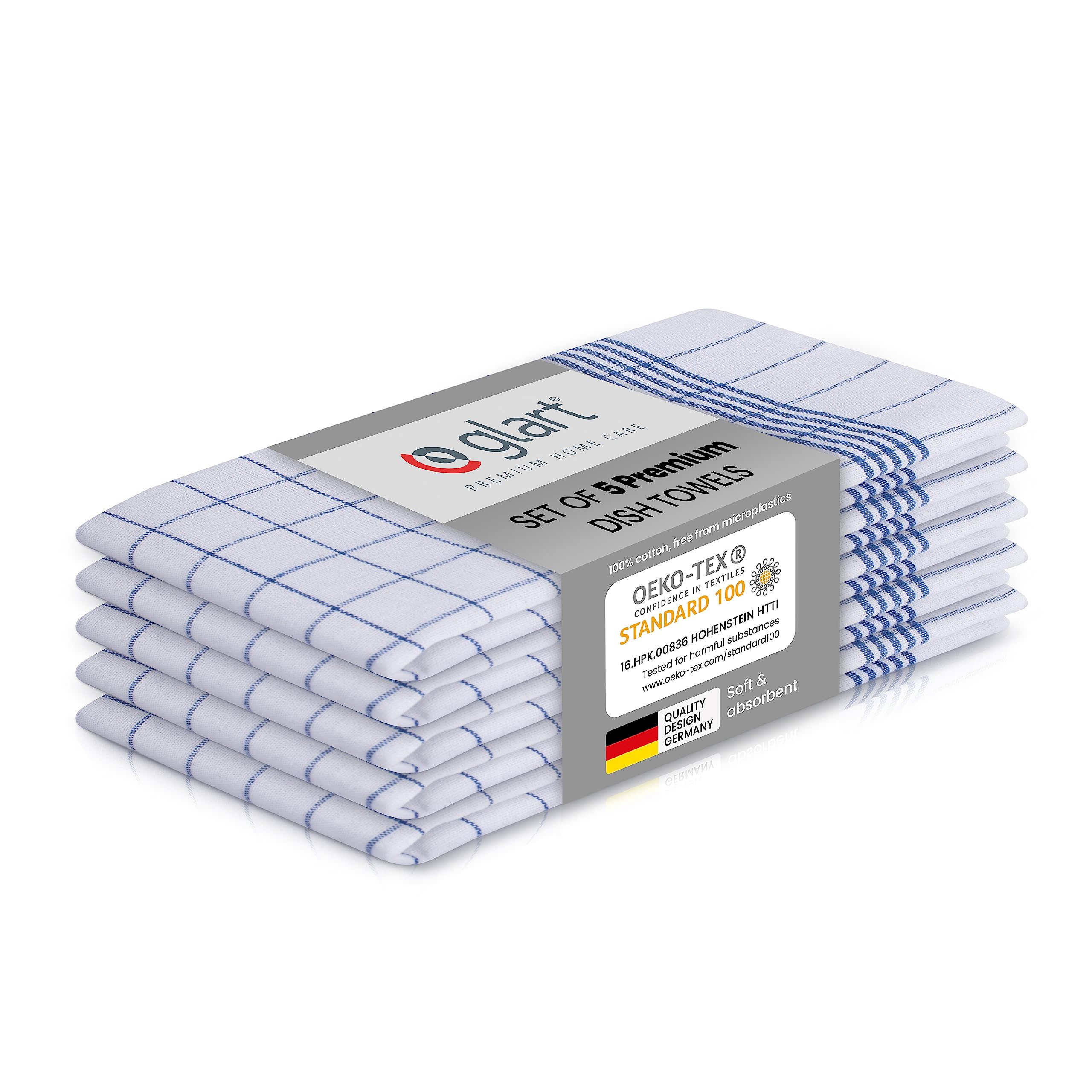 Glart 48KB1 5-piece set of dish towels kitchen towels dish cloths kitchen cloths, 50x70 cm, 100% cotton OEKO-TEX, blue checked, pre-washed