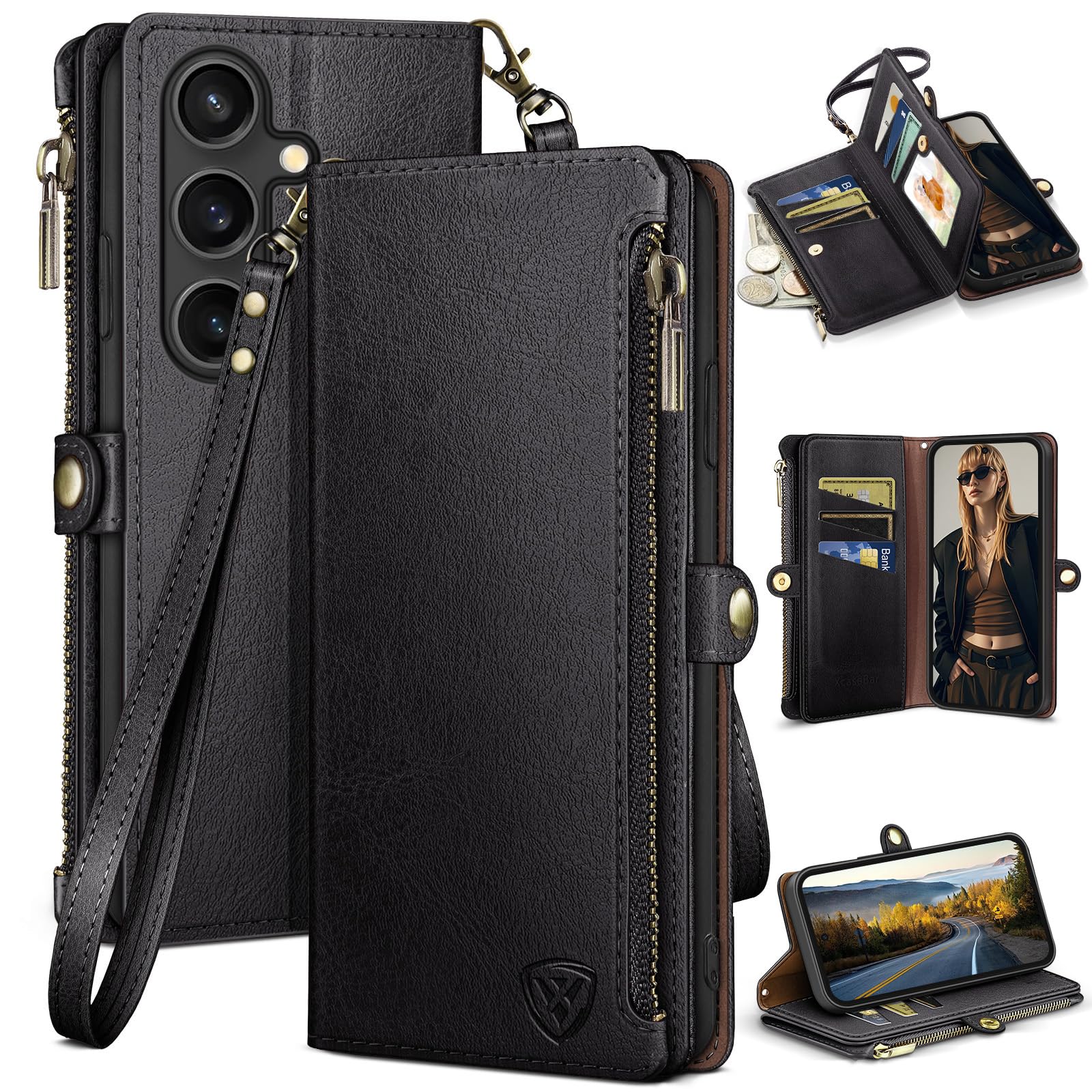 Photo 1 of XcaseBar Compatible with Samsung Galaxy S25 Wallet case with Zipper Credit Card Holder?RFID Blocking?,Flip Folio Book PU Leather Phone case Shockproof Cover Women Men for Samsung S25 case Black