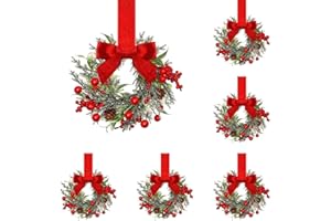 Mini Christmas Kitchen Cabinet Wreath Small Christmas Wreath Decorations Artificial Snowy Cedar Wreath with Red Ribbon and Be