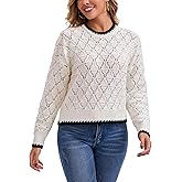 Froggirl Women’s Hollow Knit Sweater Long Sleeve Crew Neck Pullover with Wavy Trim Hem – Casual Spring Fall Top