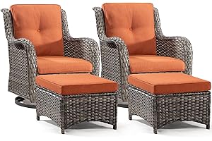 Joyside 4 Piece Outdoor Patio Furniture Set Wicker Conversation Bistro Set Swivel Rocker Chairs with 2pcs Ottomans for Backyard, Porch, Balcony(Mixed/Orange)