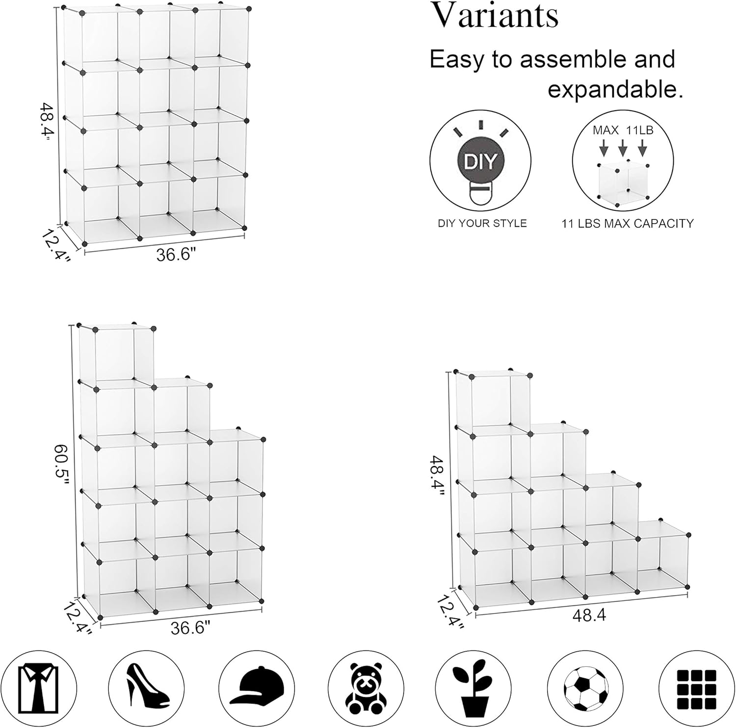 C&AHOME Cube Storage Organizer, 12-Cube Shelves Units, Closet Cabinet, DIY Plastic Modular Book Shelf, Ideal for Bedroom, Living Room, Office, 36.6" L x 12.4" W x 48.4" H Translucent White: Furniture & Decor