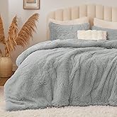 BEDELITE Grey Fluffy Comforter Set Queen Size, Fuzzy Faux Fur Comforter Bedding Set, Ultra Soft and Warm Winter Shaggy Bed Set (1 Comforter & 2 Pillowcases) as Gifts for Women