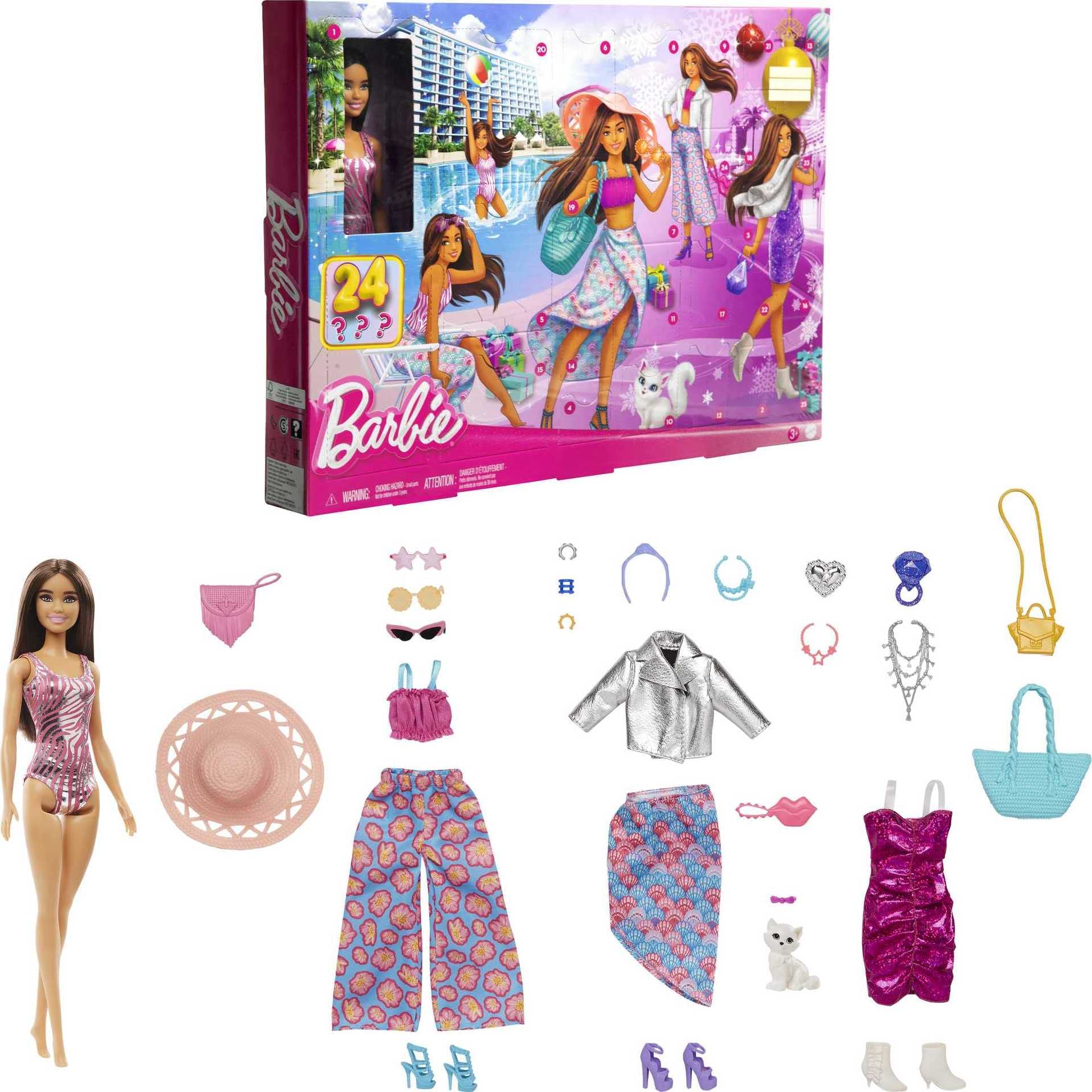 Barbie Doll and Fashion Advent Calendar, 24 Clothing and Accessory Surprises Like Swimsuit, Dress, Hat and Pet Kitten, HKB09