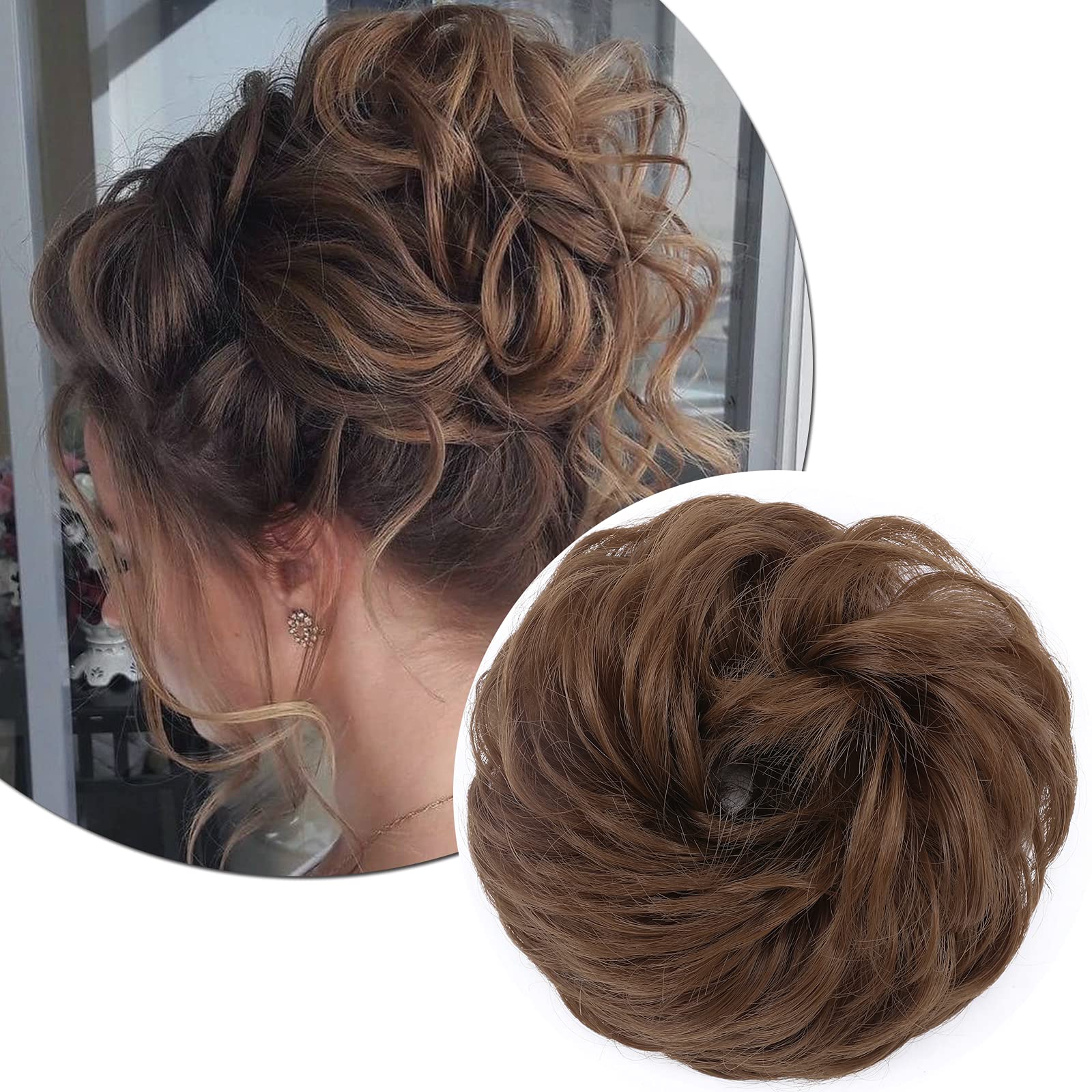 Silk-co Thick Hair Bun Extensions Messy Curly Hair Scrunchies Hairpieces Synthetic Donut Updo Hair Pieces for Women Girls - Light Brown