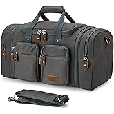 Gonex Canvas Duffle Bag for Travel, Expandable Water Resistant 50L Carry on Duffel Overnight Weekender Gym Bag with Wet Dry Separation Pocket & Suitcase Handle Sleeve, Grey