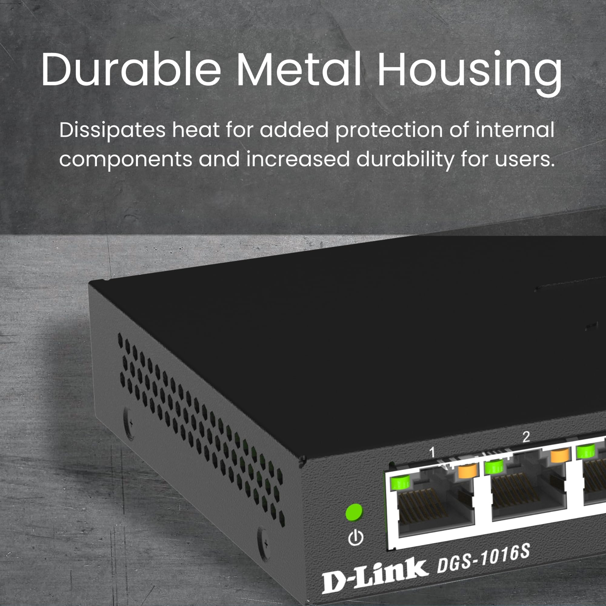 D-Link DGS-1016S 16-Port Unmanaged Gigabit Switch (ohne Lüfter, Low Profile Metallgehäuse, Desktop / Wandmontage, Plug-and-Play, 802.1p QoS, 802.3az EEE), schwarz 4