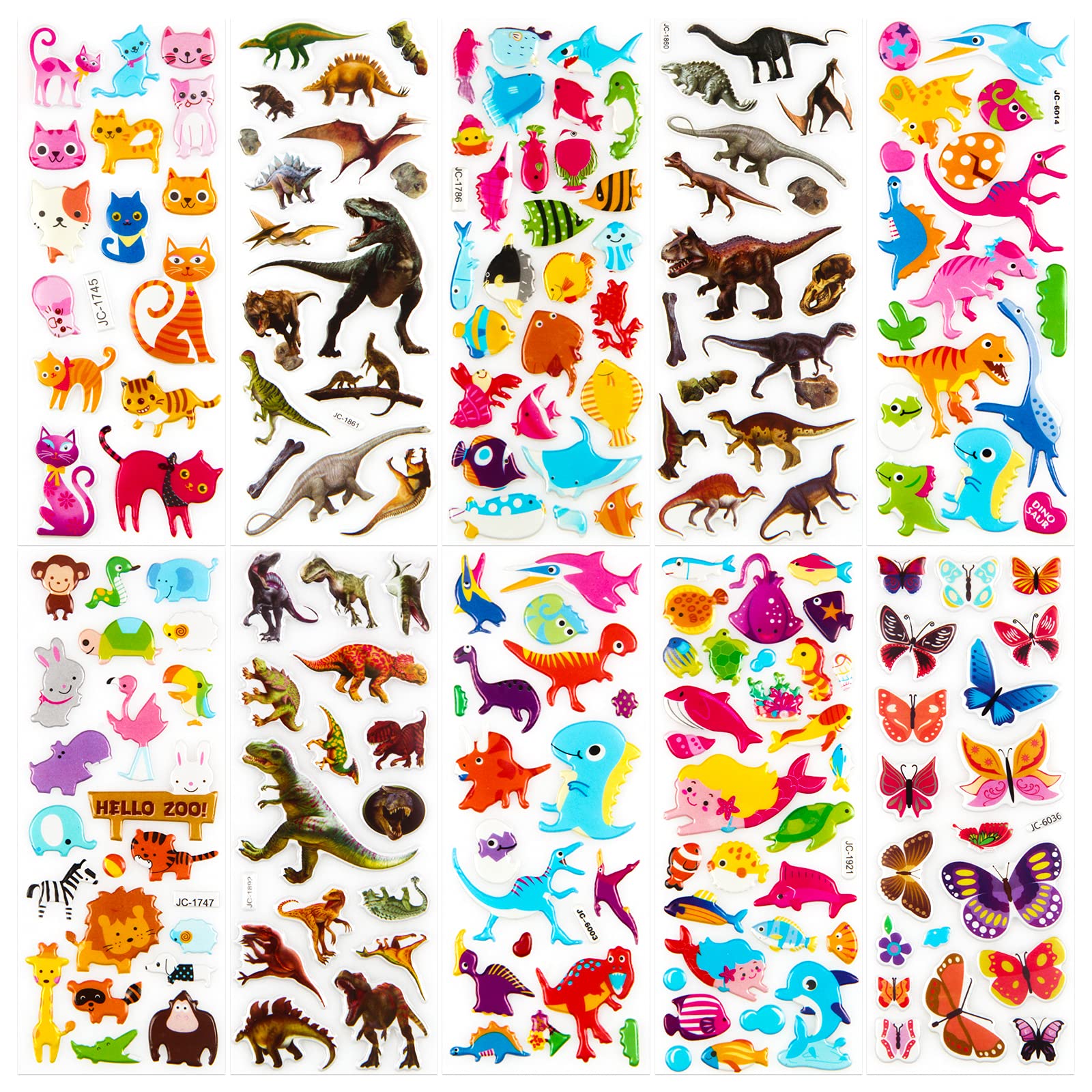 Meafeng Animal Puffy Stickers for Kids, 52 Sheets, 1100 Stickers, 3D, Multicolor, Cartoon, Waterproof, Reusable
