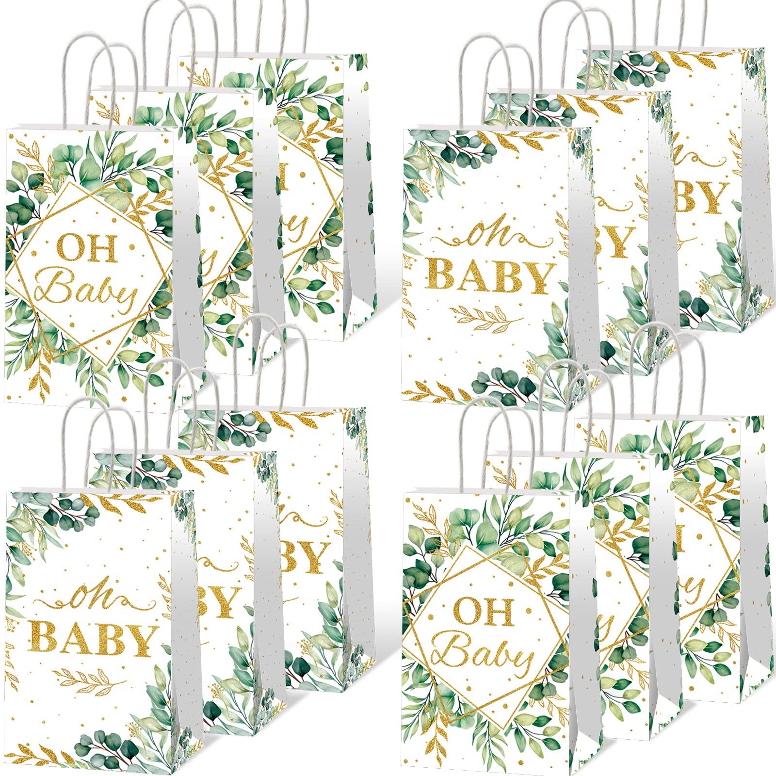 Photo 1 of 12pcs Oh Baby Party Favors Bags Sage Green Candy Treat Bags Eucalyptus Leaf (4.7×3.1×7.9 inches) Gold Foil Greenery Goodie Bag for Sage Boho Woodland Neutral Baby Shower Party Decorations Supplies