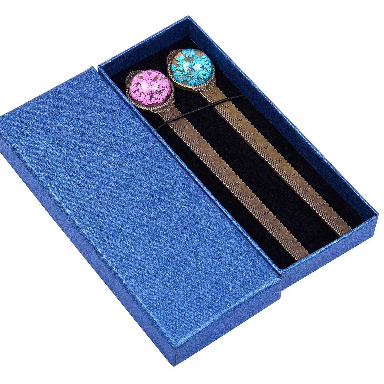 Wisdompro 2 Pcs Metal Bookmark Ruler, Vintage Bronze Bookmarks with Dried Flower, Packaged in a Gift Box, Page Markers Gift for Women Girls, Teacher, Student, Book Lovers - Blue, Hot Pink