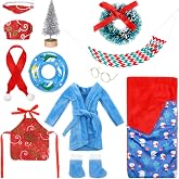 Bencailor 12 Pcs Christmas Doll Clothes and Accessories Set | Bathrobe Sleeping Bag Hammock Apron Scarf Shoes, Red Blue Outfit, Holiday Party Clothing Accessories for Xmas New Year