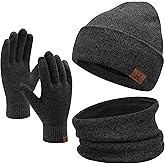 Winter Beanie Hat Scarf Touchscreen Gloves Set for Men and Women, Beanie Gloves Neck Warmer Set with Warm Knit Fleece Lined