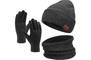 Mens Womens Beanie Hat Scarf Touchscreen Gloves Warm Knit Beanie Gloves Neck Warmer Set with Warm Fleece