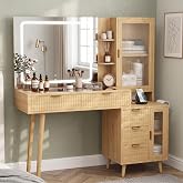 GlouMod 49&rdquo; Wood Makeup Vanity Desk with Mirror and Lights Natural Oak | Transparent Glass Top, Large Mirror with Lights, Charging Station, 5 Drawers, 2 Cabinet with Glass Door, Fluted Panels, Boho