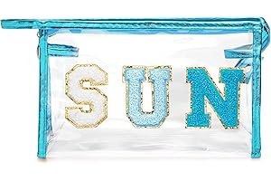 Y1tvei Preppy Patch SUN Varsity Letter Cosmetic Toiletry Bag Transparent PVC Zipper Makeup Bag Clutch Purse Portable Waterproof Travel Organizer Compliant Bag for Women Girls Teens (Blue)