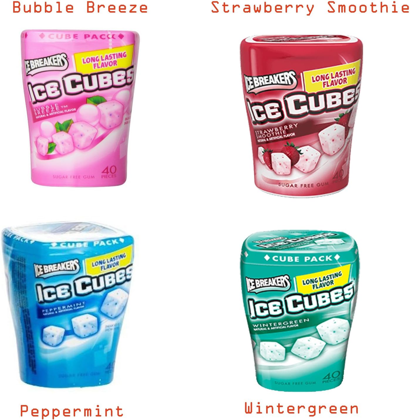 Ice Breakers Ice Cubes Sugar Free Gum Collection of Four [ Peppermint , Wintergreen , Strawberry Smothie , Bubble Brezze ] (4 of 40 Pieces)
