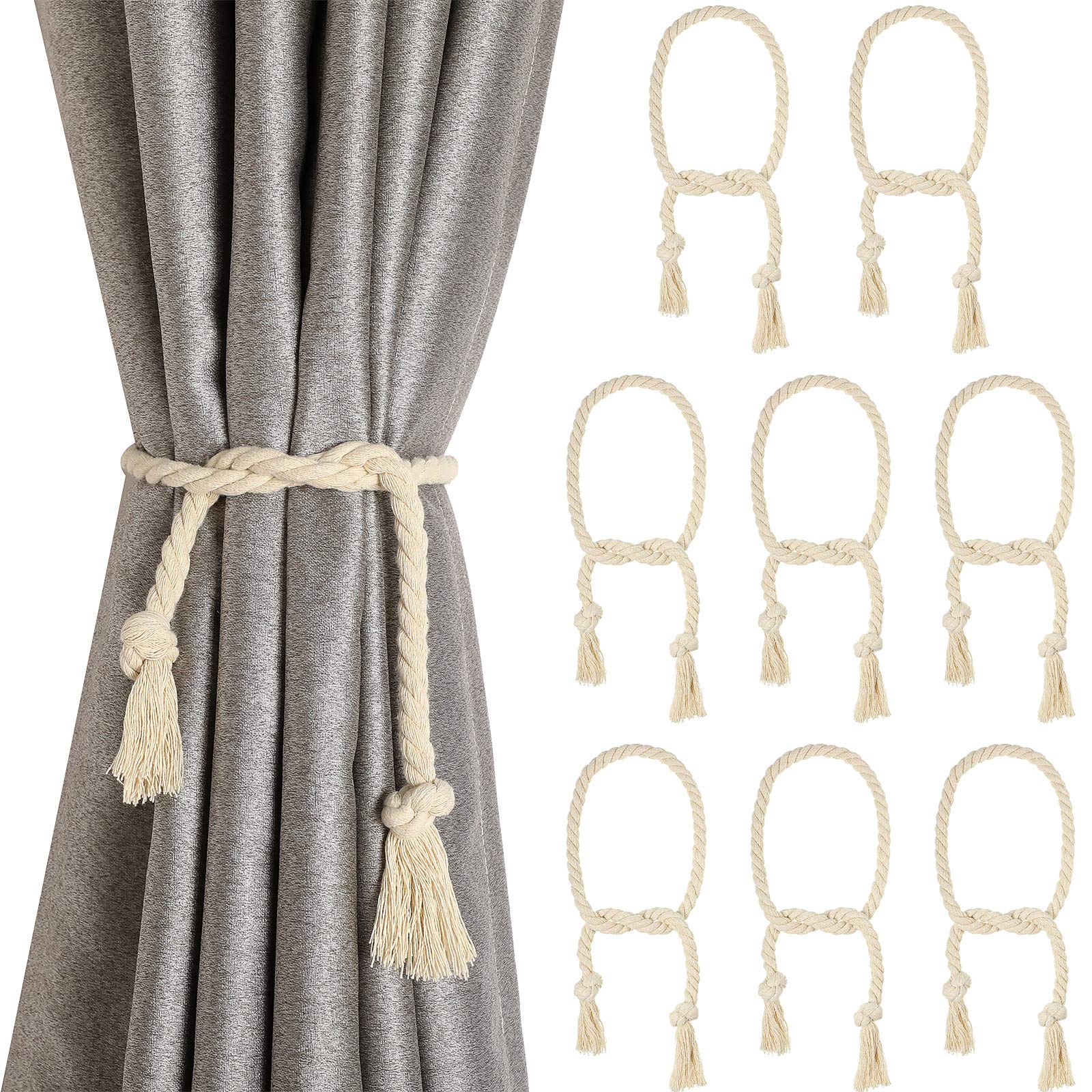 Photo 1 of 8 Pieces Curtain Rope Tiebacks Curtain Rope Holdback Handmade Curtain Tie Backs Rural Style Curtain Decorative Holdbacks for Drapery Tieback, Window Sheer, Curtain (Beige)