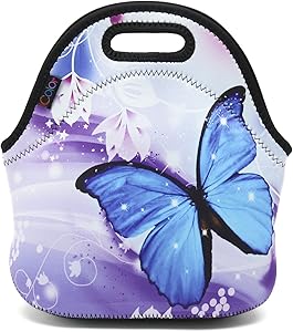 ICOLOR Blue Butterfly Thermal Neoprene Waterproof Kids Insulated Lunch Portable Carry Tote Picnic Storage Bag Lunch box Food Bag For School work Office FLB-014