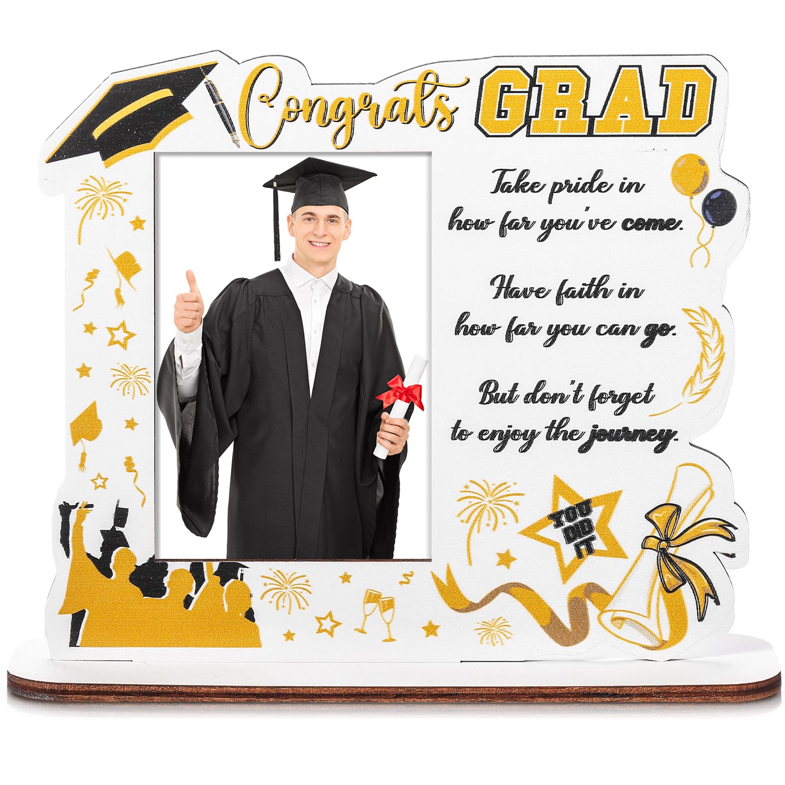 Photo 1 of Yaomiao Class of 2025 Graduation Picture Frame Wooden Graduate Small Cap Photo Display Holder with Blessing Words for Kindergarten Preschool High School Keepsake Gift(White and Gold,Take Pride)