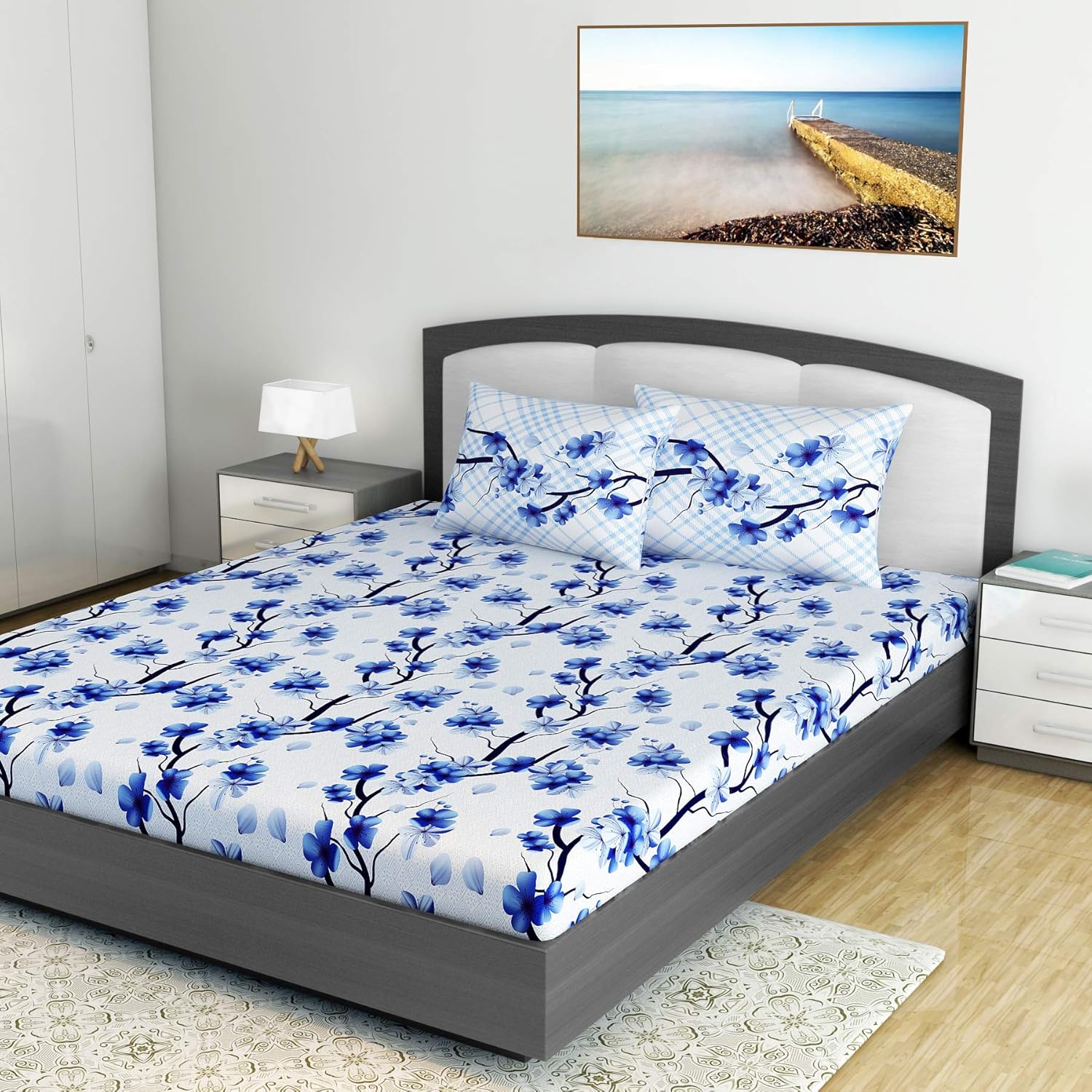 Divine Casa 100 Cotton 180 TC Floral Printed Double Bed Sheet with 2