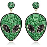 Aliens Earrings Beaded Green Aliens UFO Drop Dangle Earrings Cute Fun Earring for Girls