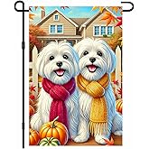 BlissYard Fall Thanksgiving Garden Flag 12x18 Inch Cozy Maltese Dog Outdoor Flag Double Sided Autumn Puppy Yard Banner with Scarves Pumpkins and Maple Leaves for Porch Lawn Patio