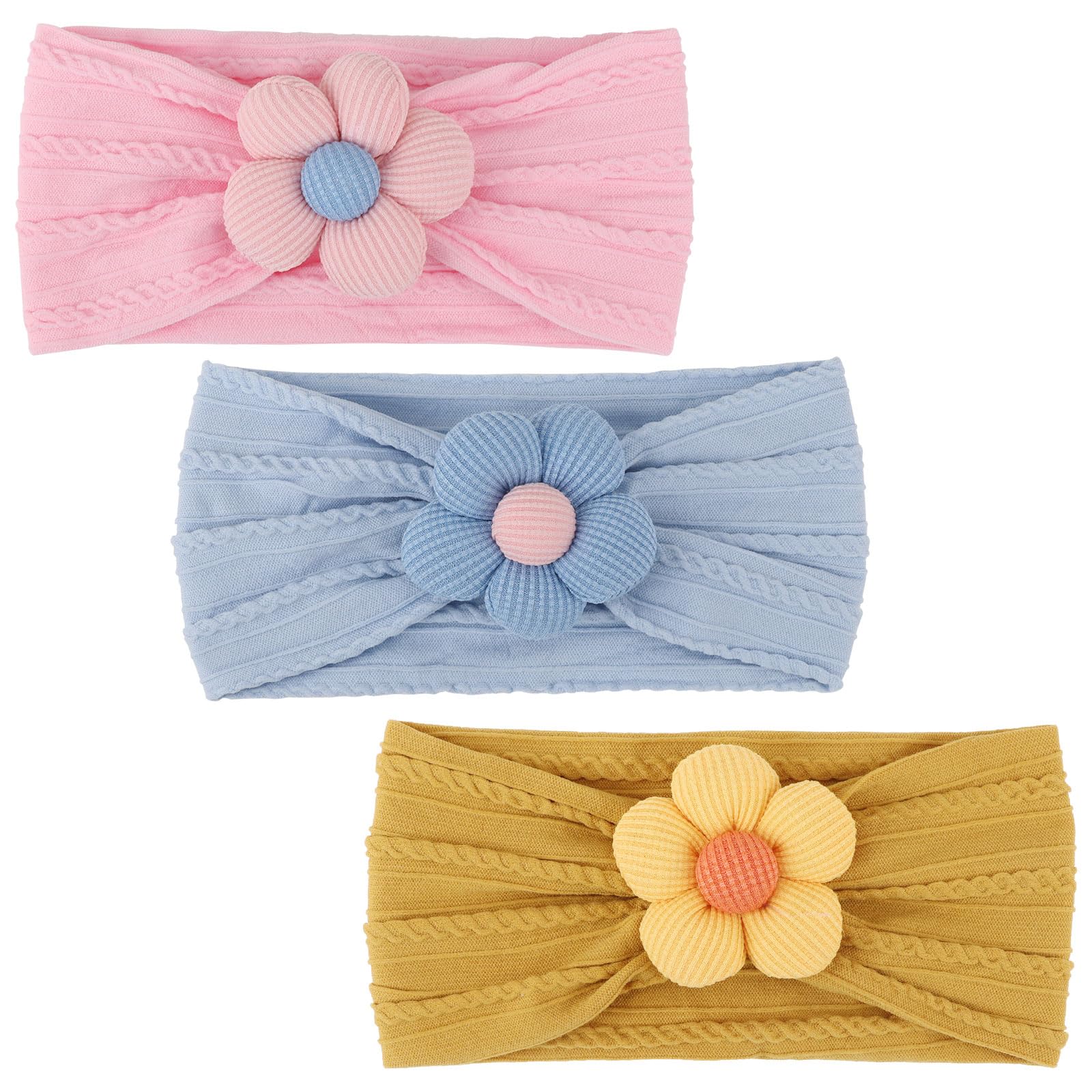 DRESHOW 3 Pack Girls Flower Headbands Stretchy Nylon Headbands Handmade Hair Accessories for Newborn Infant Toddlers Kids