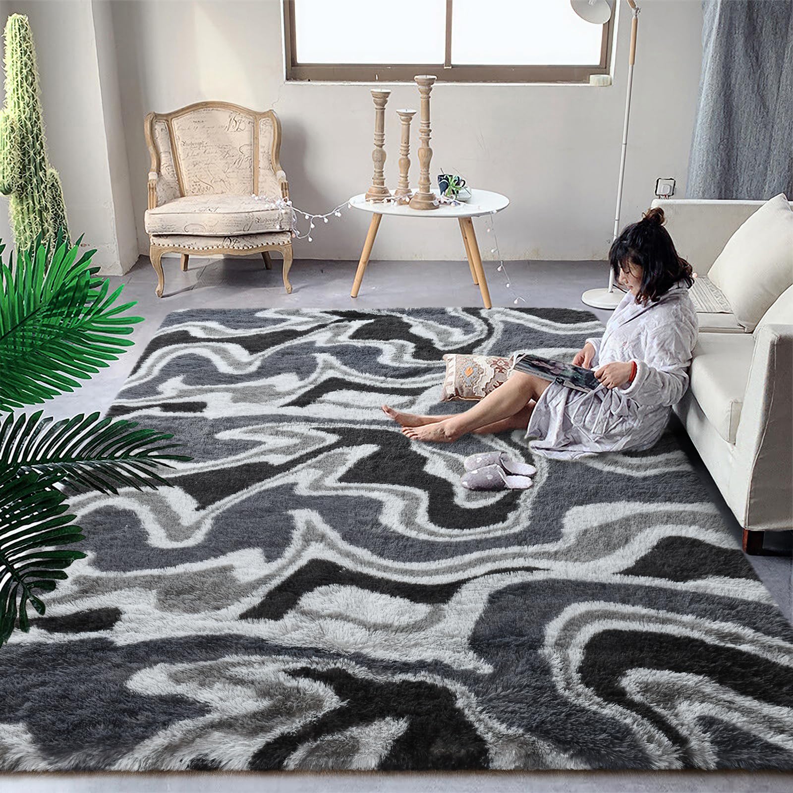 Photo 1 of DweIke Area Rugs for Bedroom Living Room, Fuzzy Grey 4x6 Rugs Fluffy Shaggy Soft Plush Carpet, Indoor Floor Rug for Kids Girls and Boys, Dorms, Nursery, Home Decor Aesthetic, Swirl Grey