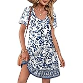 OFEEFAN Summer Dresses for Women 2025 Loose V Neck Short Sleeve Casual T Shirt Dress Sundresses Swimsuit Coverup with Pockets