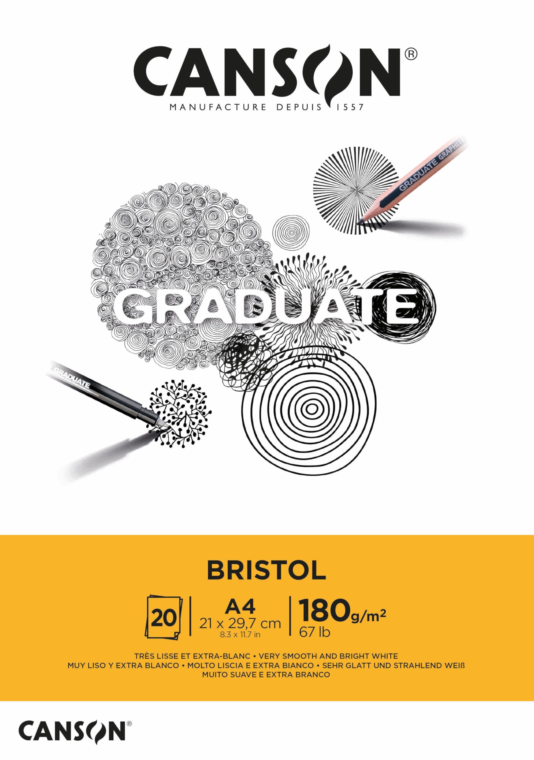 CANSON Graduate Bristol 180gsm A4 Paper, Very Smooth, Pad Glued Short Side, 20 Bright White Sheets, For Student Artists