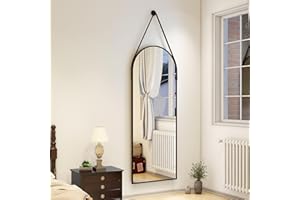 XRAMFY 48''x16'' Arched Wall Mirror Full Lengthr with Hanging Mirror Leather Cord Aluminum Frame Wall-Mounted Hanging Mirrors for Bathroom Vanity Living Room Bedroom Entryway Decor