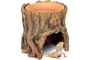 Reptile Hide Cave with Clay Water Bowl for Bearded Dragon, Resin Moisture Keeping Reptile Hideout with Basin Humidifying Help