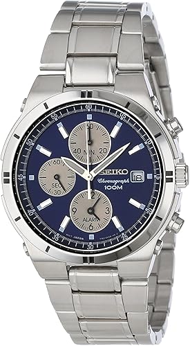 seiko men's solar chronograph silvertone watch with blue dial