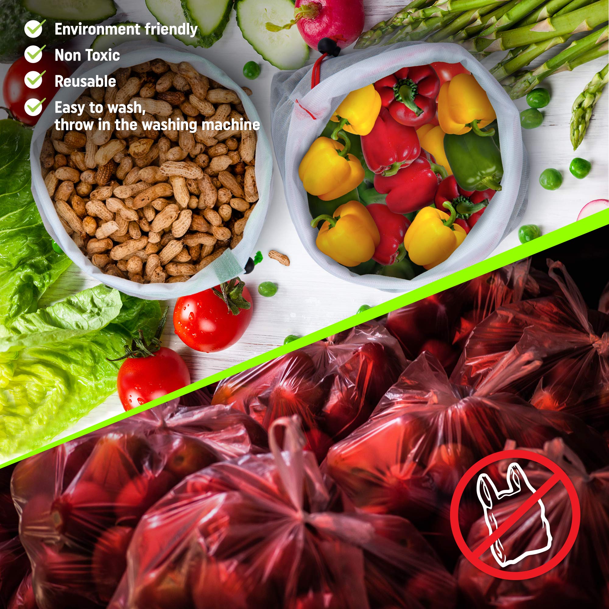 SGM Reusable Mesh Produce Bags : Pack of 12 Washable Drawstring Storage Pouches In 3 Sizes – Multipurpose See Through Bags w/Tare Weight Tag For Grocery Shopping, Toy Organization, Gym Shoe