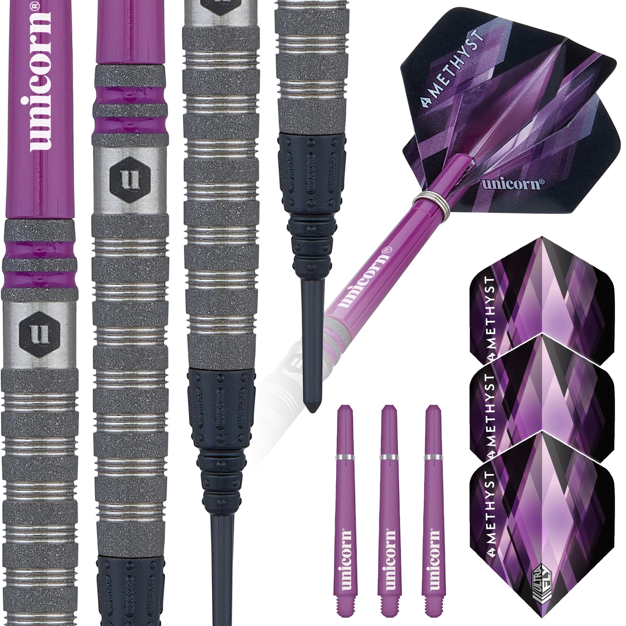 Unicorn Professional Darts Set | Amethyst 4 | 80% Natural Tungsten Gripper Finish Barrels with Purple Accents & Laser Etched U Logo Hallmark | Soft Tip Epic Points | 19 g